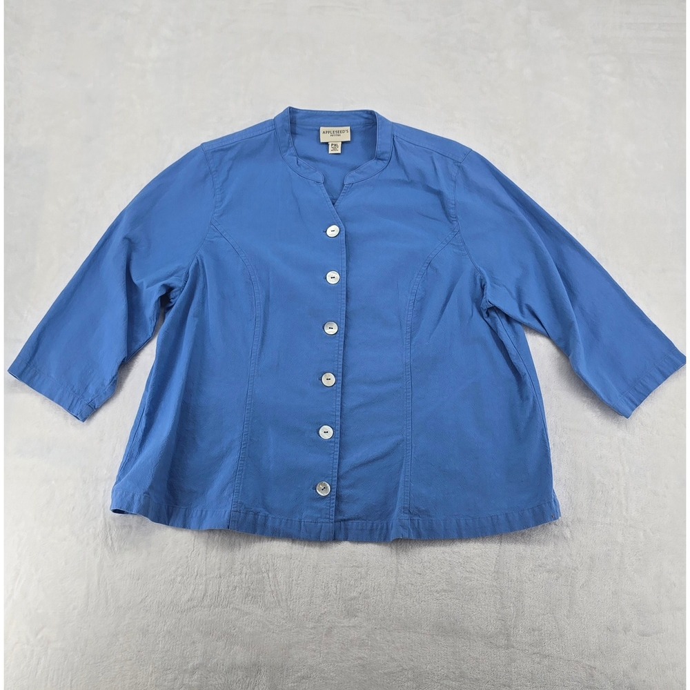 Appleseed's Petites Top Womens PXL Blouse Blue Cotton Button Front 3/4 Sleeve